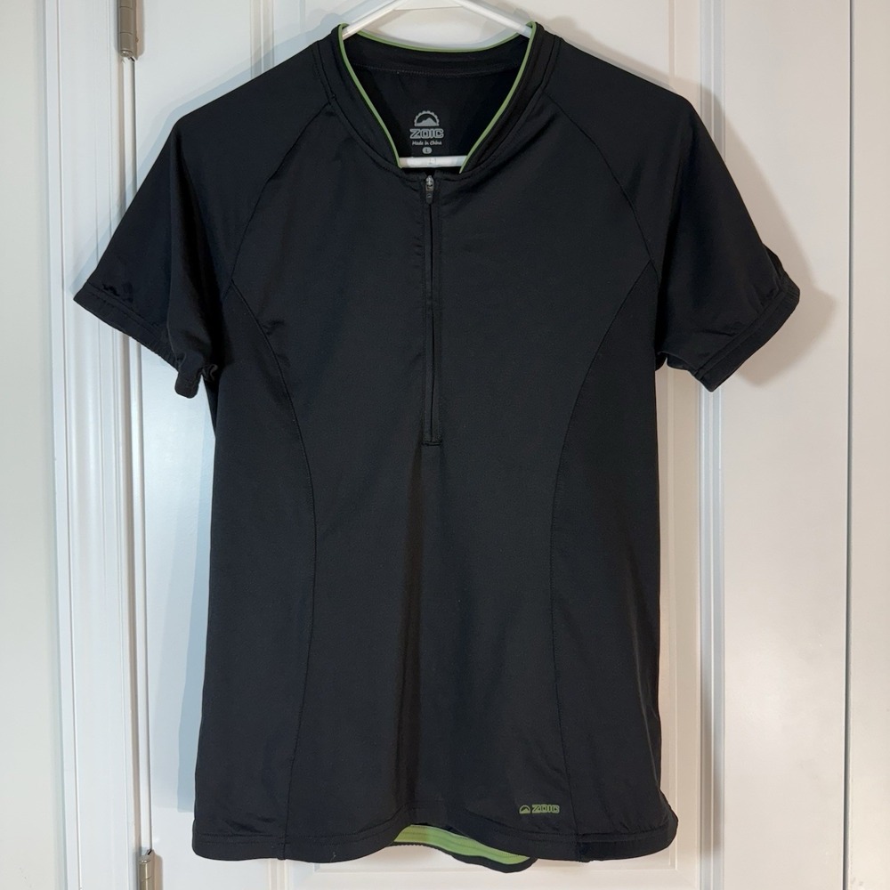 Zoic Cycling Jersey Short Sleeve 1/4 Zip Black W/ Green Trim Pockets Size Large